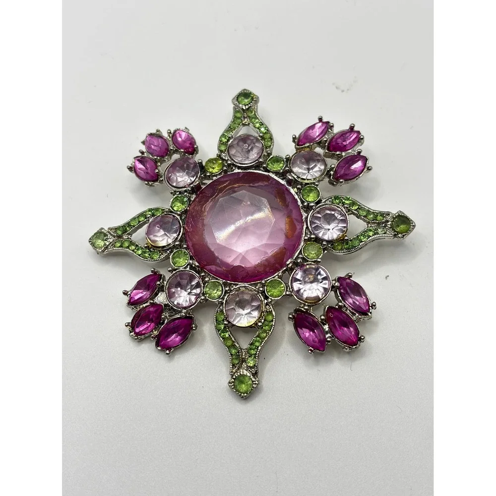 Sonoma Purple‎ Green Rhinestone Starburst Brooch Silver Tone Statement Pin